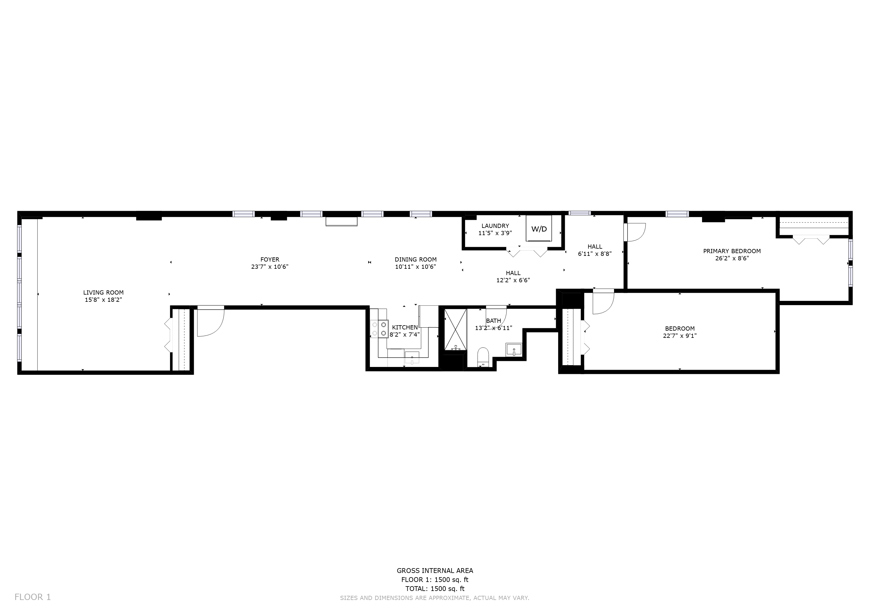 Floor plan for 2 beds, 1 bath, 2000 sqft